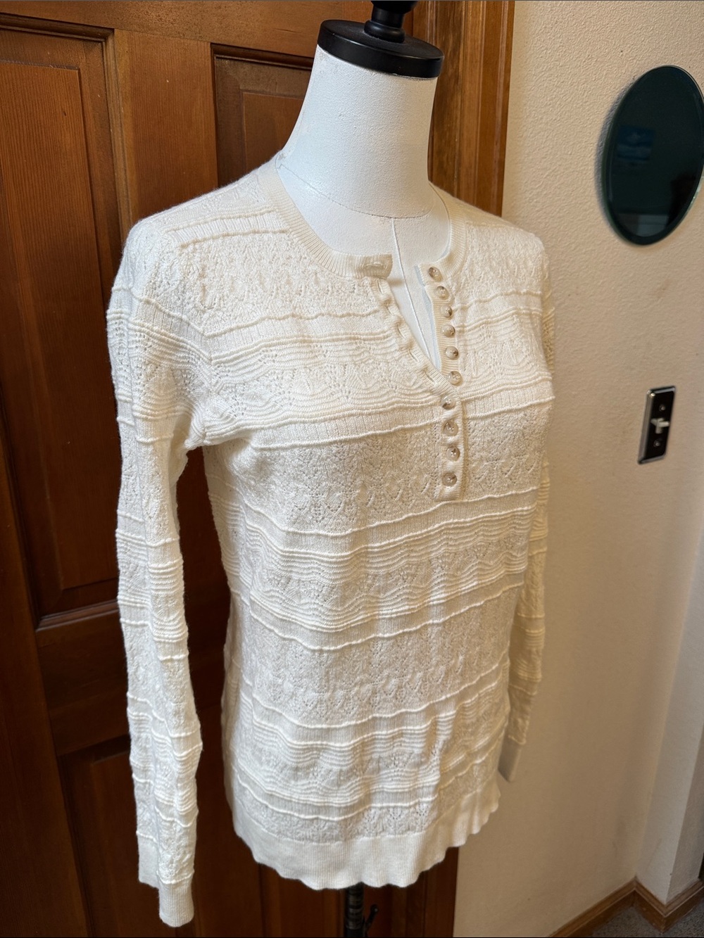 Sezane White Long-Sleeve Textured Henley Sweater Size L - Picture 7 of 9